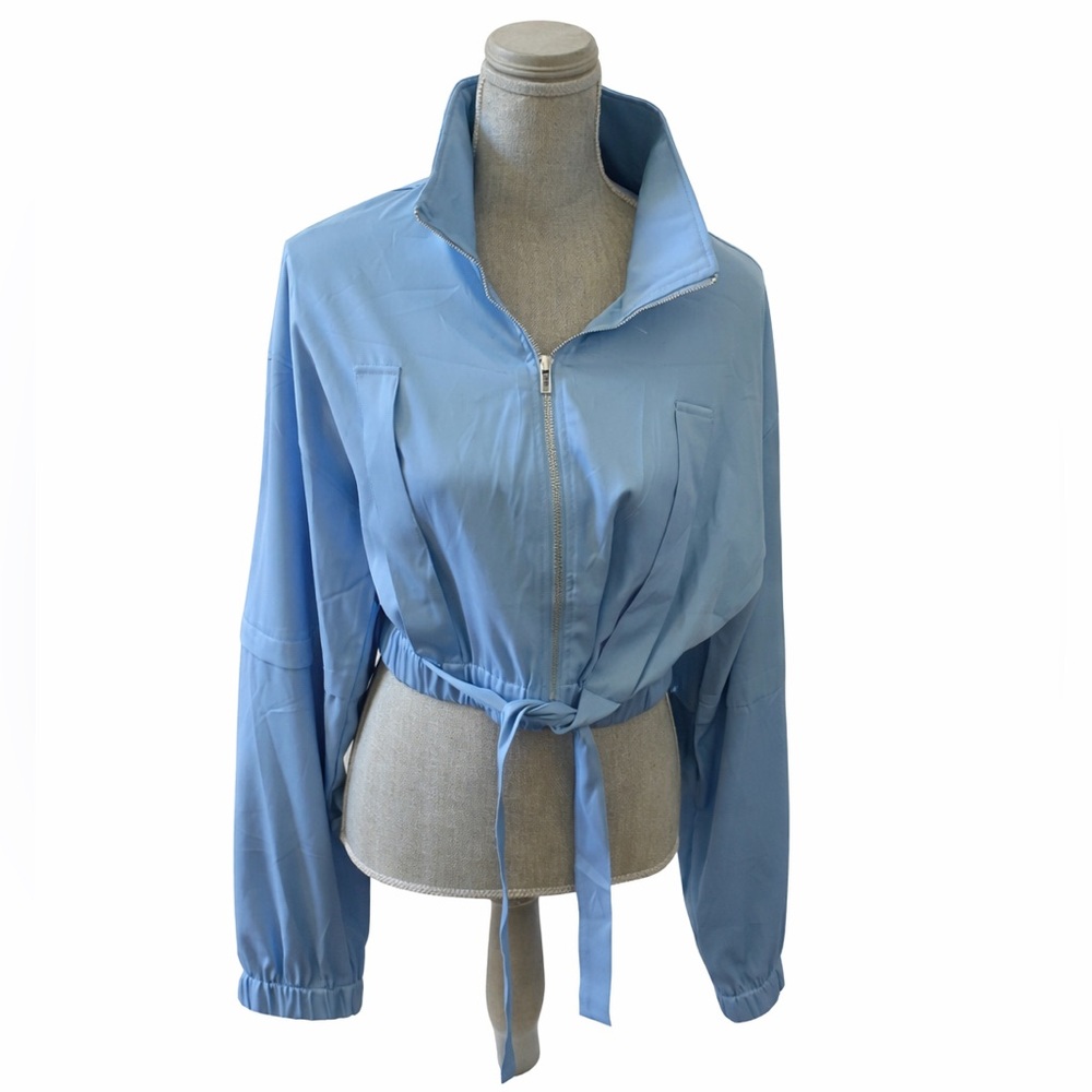 NWT Loragal Light Blue Cropped Bomber Jacket Tie Waist Zip XL